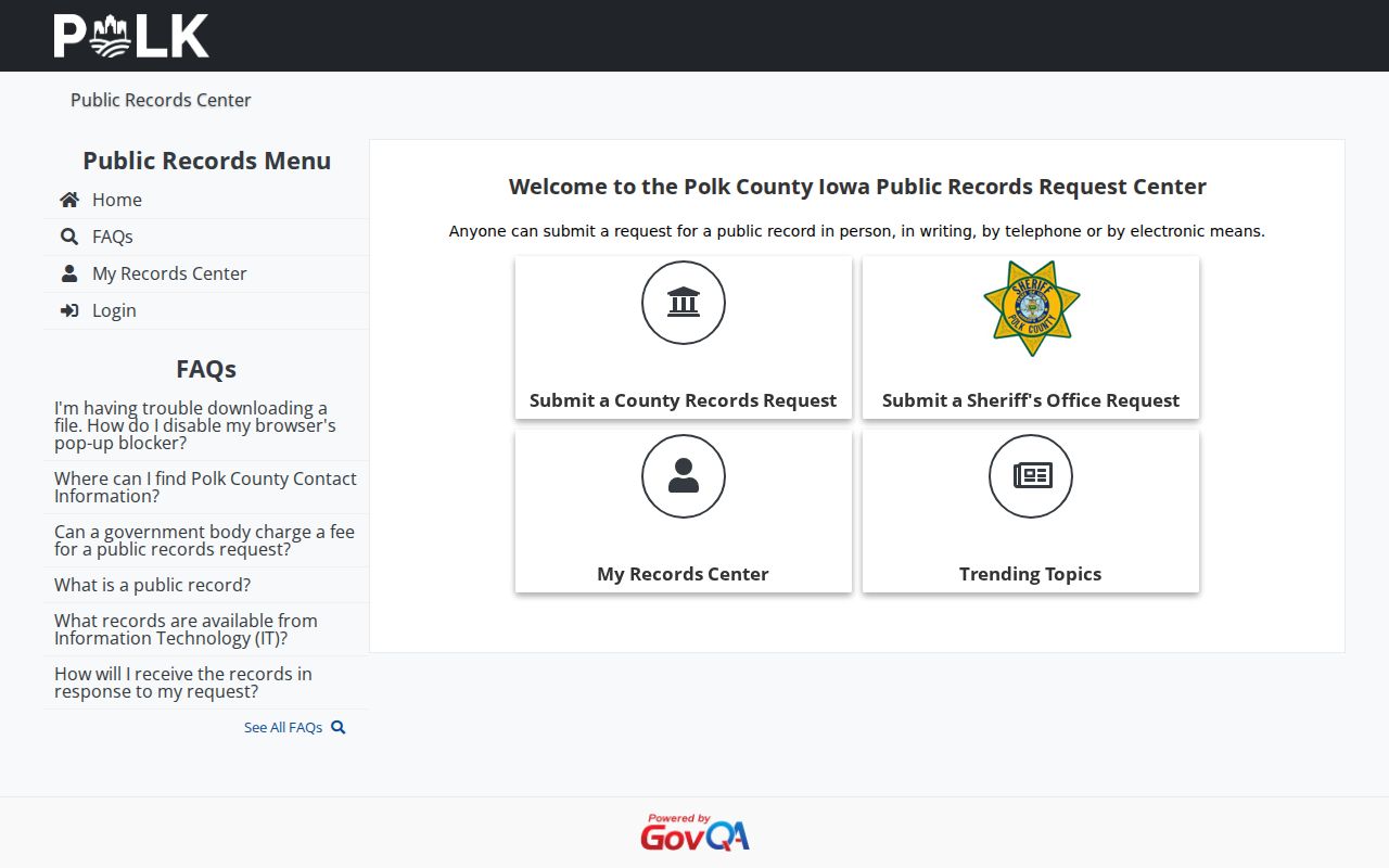 Polk County warrant lookup GovQA request options